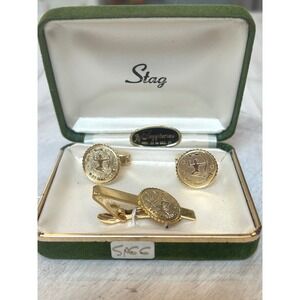 Stag Sagittarius Zodiac Gold Tone Cufflinks Tie Clip Set Vintage Gift